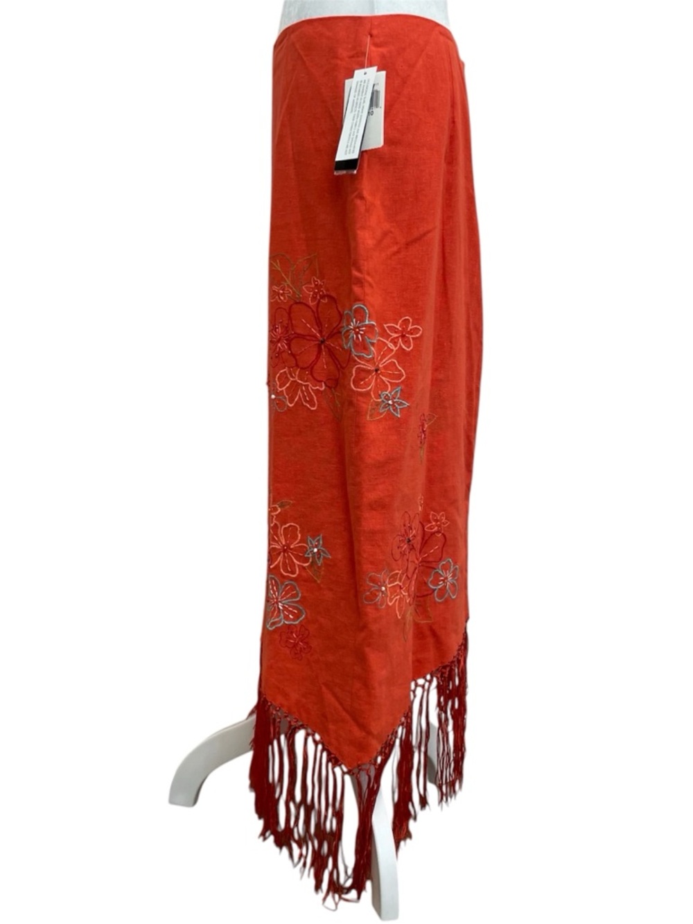 Muse Vintage Orange Linen Embroidered Asymmetrical Fringe Hem Midi Skirt - Picture 2 of 12